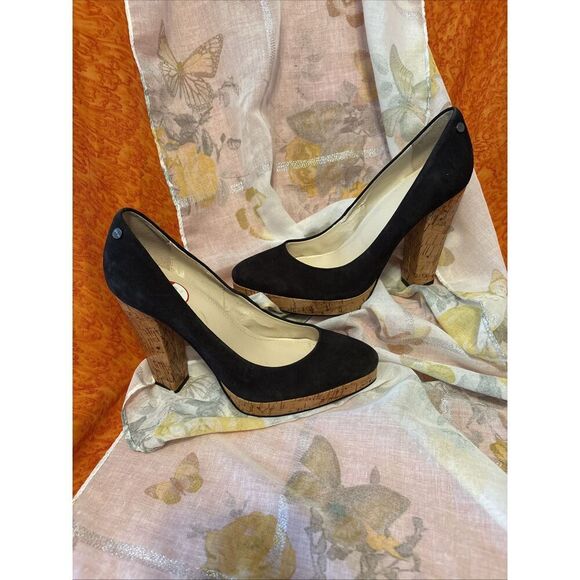 NWT Calvin Klein Black Suede Round Toe Cork Platform 5 in Heels Size 8.5 - Picture 4 of 12